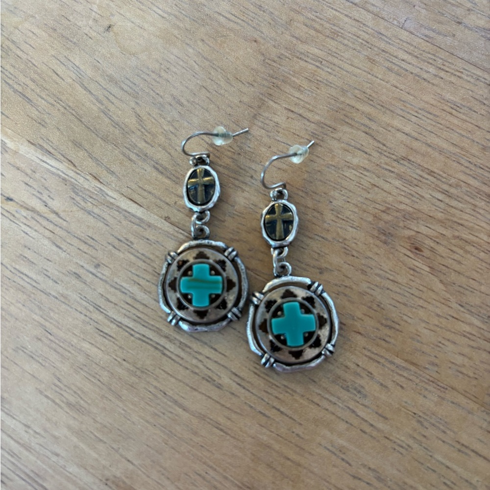 Lucky Brand Silver and Turquoise Cross Earrings